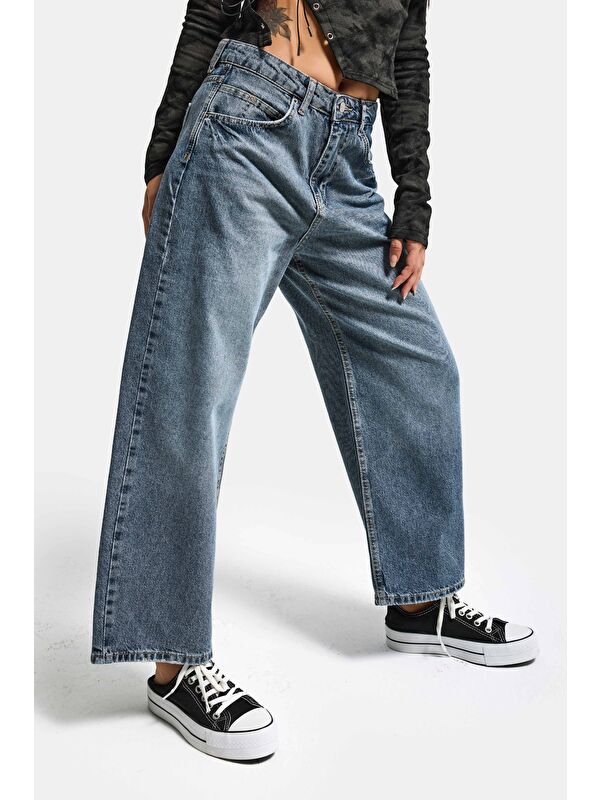 It's Basic Kadın Jean Rengi 2s6-124 Baggy Low Rise Bol Kesim %100 Pamuk Denim Jean