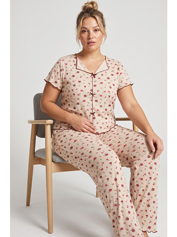 Siyah İnci ten desenli Fiyonklu Büyük Beden Fitilli Kaşkorse Örme Pijama Takım26120851