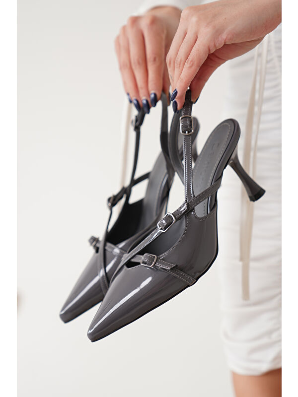 D1132 Kadın Sivri Burun Tokalı Arkası Açık Topuklu Ayakkabı - Görsel 5