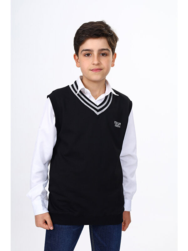 Toontoykids Erkek Çocuk V Yaka Triko Okul Süveteri - Şerit Detaylı