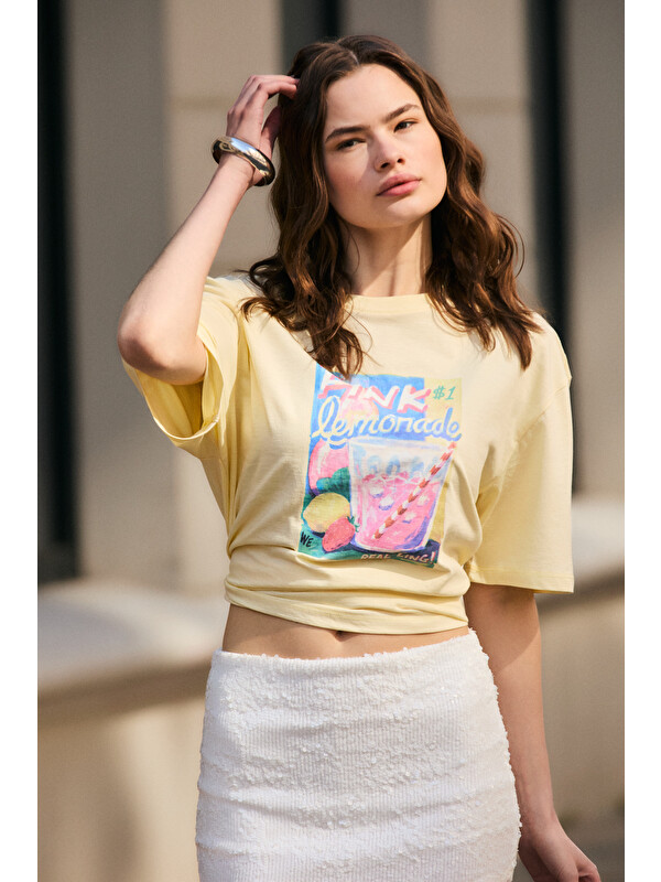 GRIMELANGE GIVERNY Kadın Yumuşak Ve Organik Pamuklu Baskı Detaylı SARI T-Shirt