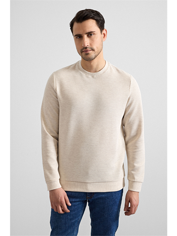 Süvari Bej Regular Düz Bisiklet Yaka Sweatshirt