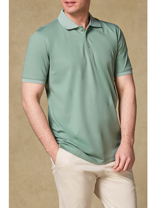ABBATE Bivo Merserize Pamuklu Modern Fit Açık Yeşil Polo Yaka Erkek Düz Polo Shirt