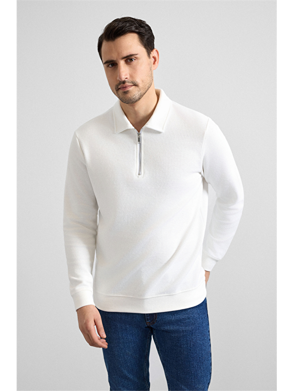 Süvari Beyaz Regular Düz Yarım Balıkçı Yaka Sweatshirt