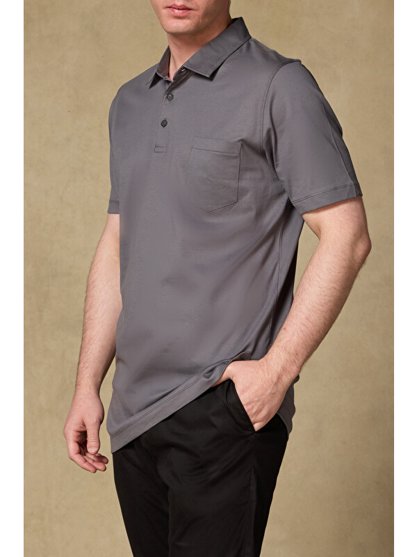 ABBATE Bivo Merserize Pamuklu Modern Fit Koyu Gri Polo Yaka Erkek Düz Polo Shirt