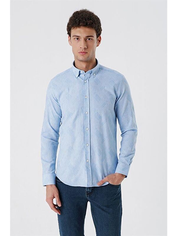 İMZA Koyu Mavi Kısalabilir Kollu Desenli Jakarlı Cepsiz %100 Pamuk Casual Slim Fit Gömlek 1004230182