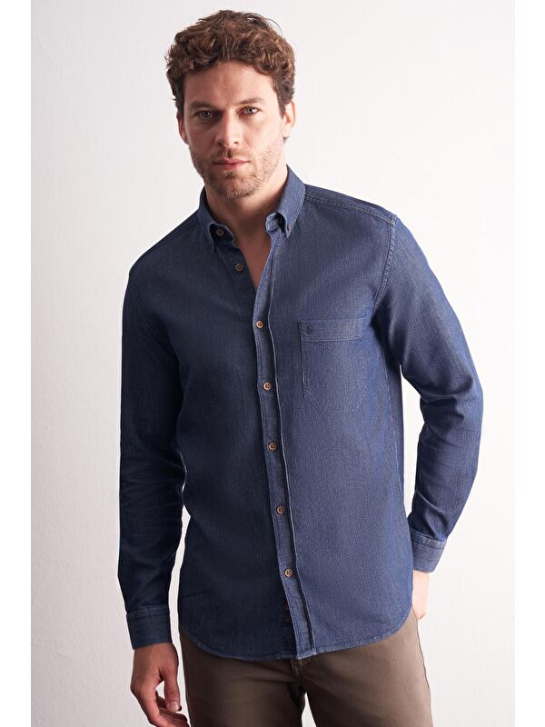 İMZA Lacivert - Beyaz Uzun Kol Düğmeli Yaka %100 Pamuk Slim Fit Gömlek 1004255199