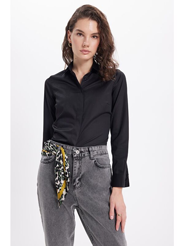 TUDORS Kadın Slim Fit Non-Iron Pamuklu Vücuda Oturan Ütü Gerektirmez Pensli Siyah Gömlek