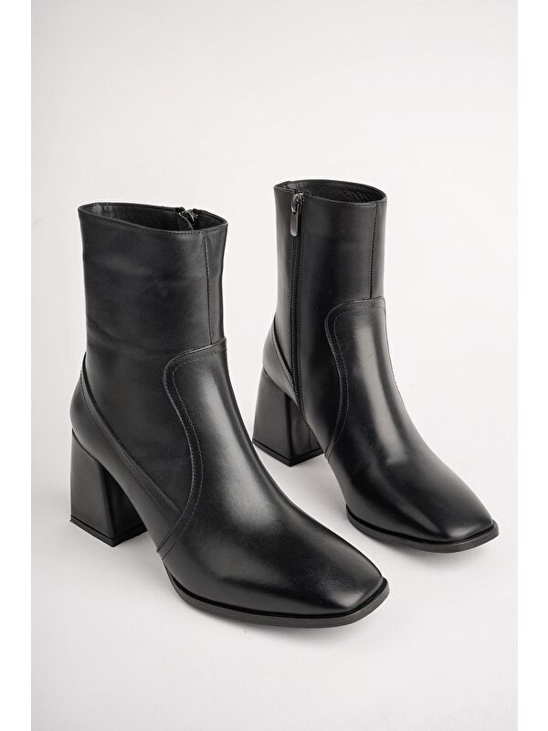 ADELA Hakiki Deri Kare Burun Fermuarlı Topuklu Kadın Bot - Görsel 3