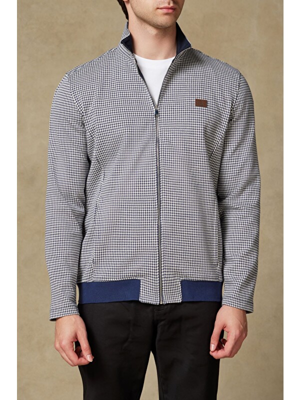 ABBATE Edon Örme Kumaş Pamuklu Modern Fit Lacivert Dik Yaka Erkek Desenli Sweatshirt