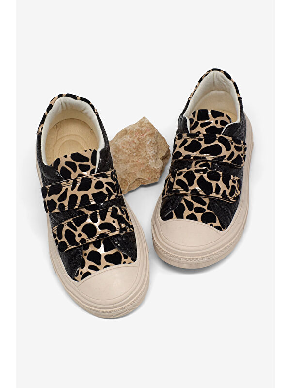 TONNY BLACK Çocuk Unisex Siyah Leopar Çoçuk Sim Detaylı Cırtlı Rahat Kalıp Sneaker
