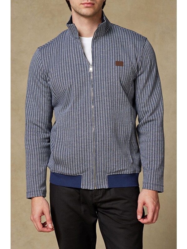 ABBATE Edon Örme Kumaş Pamuklu Modern Fit Lacivert Dik Yaka Erkek Çizgili Sweatshirt