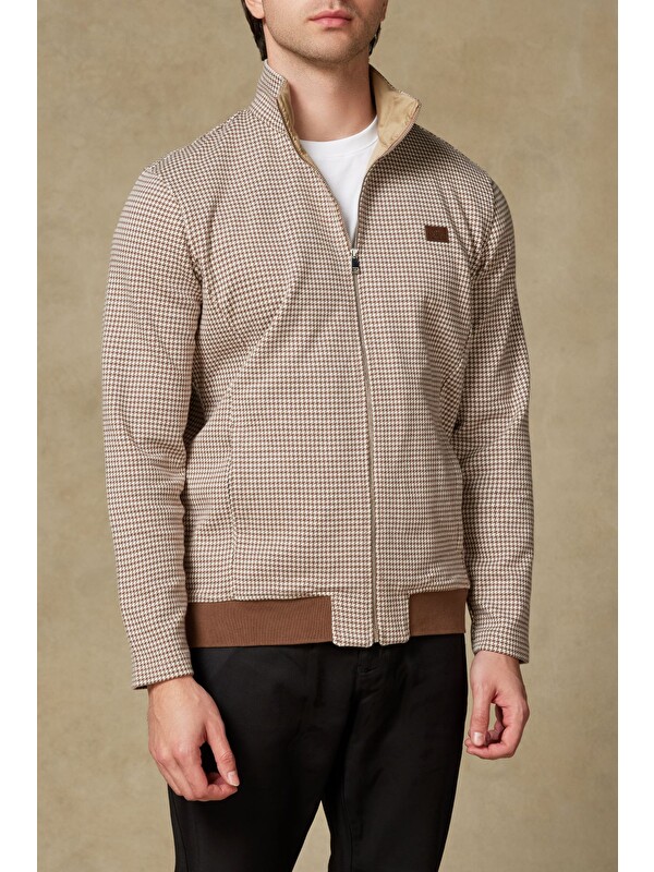 ABBATE Edon Örme Kumaş Pamuklu Modern Fit Kahverengi Dik Yaka Erkek Desenli Sweatshirt