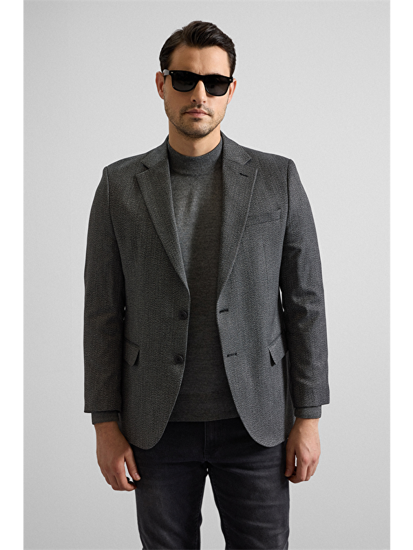 Süvari Siyah Regular Mono Yaka Torba Cep 4 Drop Klasik Ceket