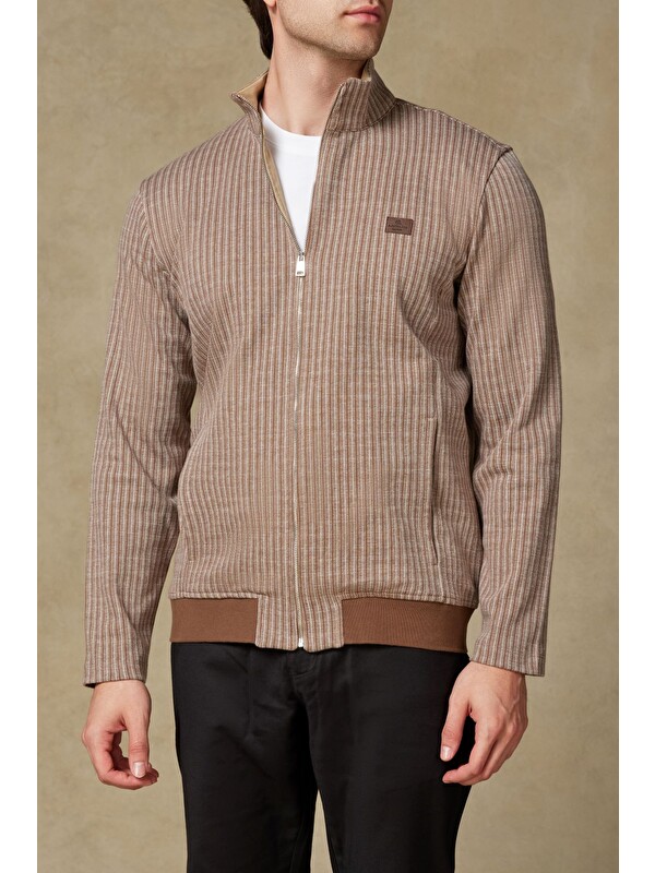 ABBATE Edon Örme Kumaş Pamuklu Modern Fit Kahverengi Dik Yaka Erkek Çizgili Sweatshirt