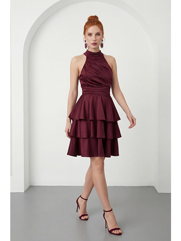 Lafaba Kadın Bordo Halter Yaka Saten Mini Mezuniyet Abiye Elbise