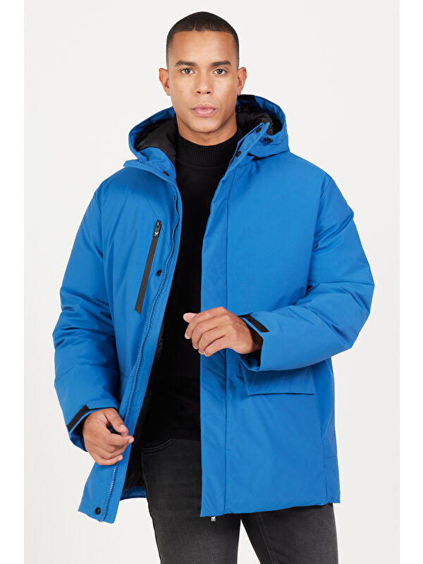 AC&Co / Altınyıldız Classics Erkek Saks Standart Fit Normal Kesim Kapüşonlu Dik Yaka Kapak Cepli Kaban