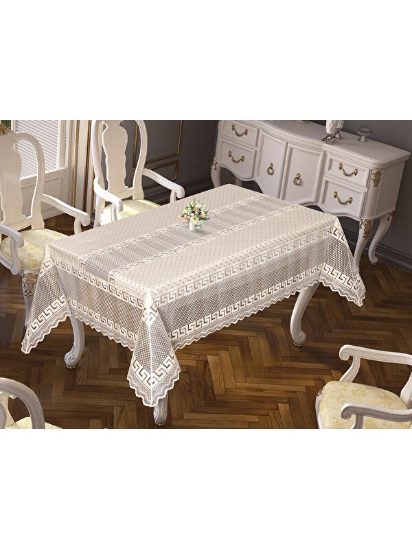 Çeyiz Diyarı Versage Jakarlı Masa Örtüsü Krem 160x220 Cm