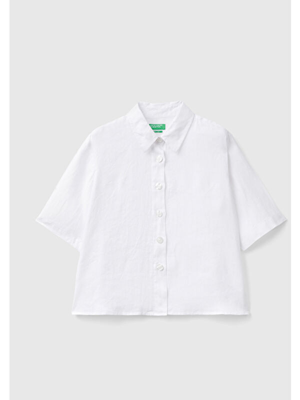 United Colors Of Benetton Kadın Beyaz %100 Keten Yarım Kollu Düz Gömlek