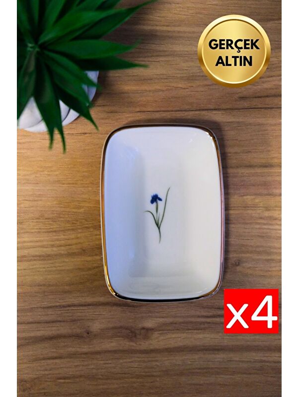 TABAK EVİ Porselen Natura İris Altın Yaldızlı Dikdörtgen Kayık Tabak 10x7x2cm 4 lü