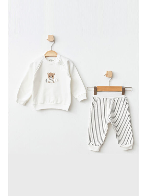 AZİZ BEBE Erkek Bebek Ayı Nakışlı Sweatshirt Pantolon 2 'li Alt Üst Bebek Takımı 3 Ay - 36 Ay