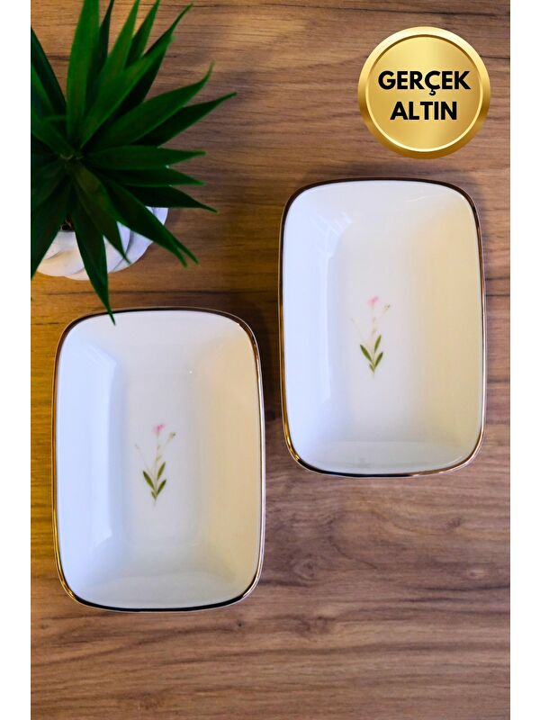 TABAK EVİ Porselen Natura Çuha Altın Yaldızlı Dikdörtgen Kayık Tabak 10x7x2cm 2 li