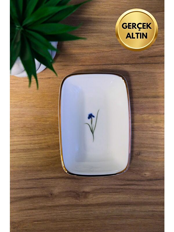 TABAK EVİ Porselen Natura İris Altın Yaldızlı Dikdörtgen Kayık Tabak 10x7x2cm Tekli