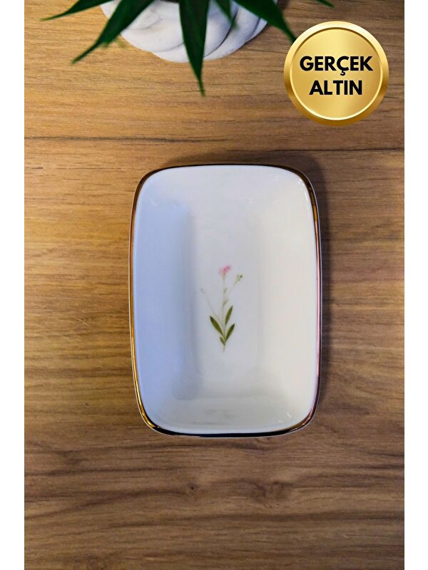 TABAK EVİ Porselen Natura Çuha Altın Yaldızlı Dikdörtgen Kayık Tabak 10x7x2cm Tekli