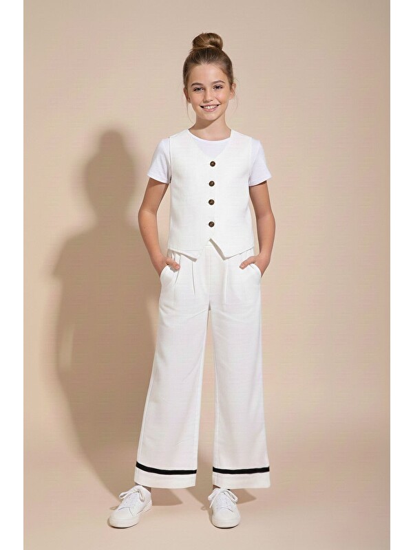 Cansın Mini Ekru Düğmeli Keten Yelekli Geniş Paça Pantolonlu Kız Çocuk Takım 23490
