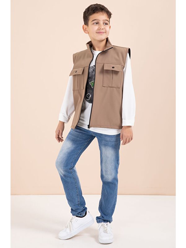 Cansın Mini Kahverengi Sıfır Kol Yelekli Badili Erkek Çocuk 3lü Pantolonlu Takım 23487