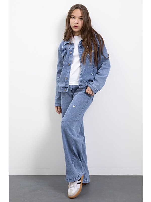 Cansın Mini Mavi Kalp Desenli Düğmeli Ceketli Pantolonlu Kız Çocuk Jean Takım 23475