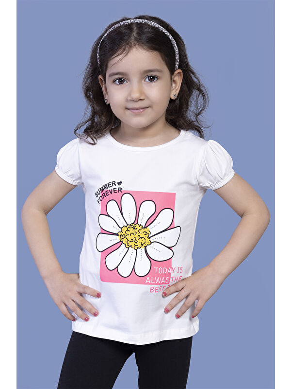 Toontoykids Kız Çocuk Papatya Baskılı Taş İşlemeli Tişört
