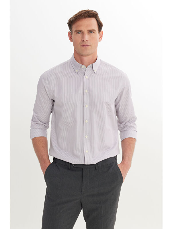 AC&Co / Altınyıldız Classics Erkek Gri Pamuklu Slim Fit Dar Kesim Düğmeli Yaka Çizgili Gömlek
