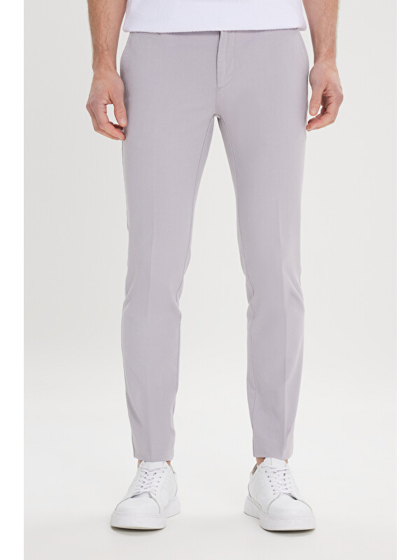 AC&Co / Altınyıldız Classics Erkek Gri Slim Fit Dar Kesim Yan Cepli Pamuklu Esnek Armürlü Pantolon