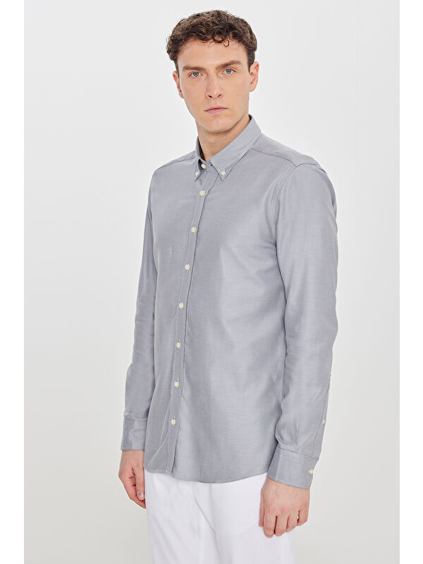 Altınyıldız Classics Erkek Gri %100 Pamuk Slim Fit Dar Kesim Düğmeli Yaka Diagonal Desenli Armürlü Gömlek