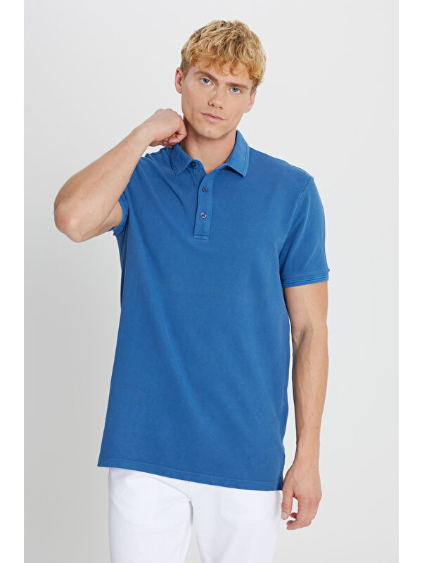 Altınyıldız Classics Erkek İndigo %100 Pamuk Slim Fit Dar Kesim Polo Yaka Tişört
