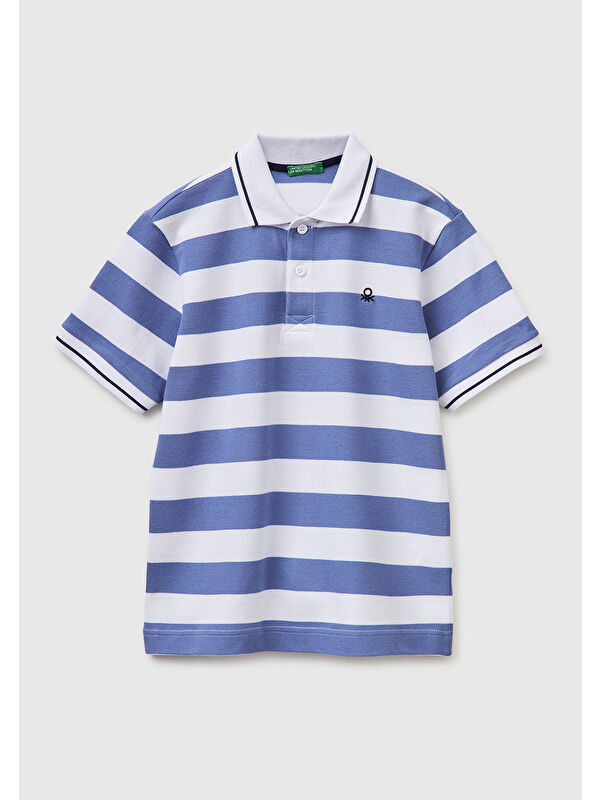 United Colors Of Benetton Erkek Çocuk Mavi Mix Çizgili Logo Nakışlı Polo Yaka Çocuk T-Shirt