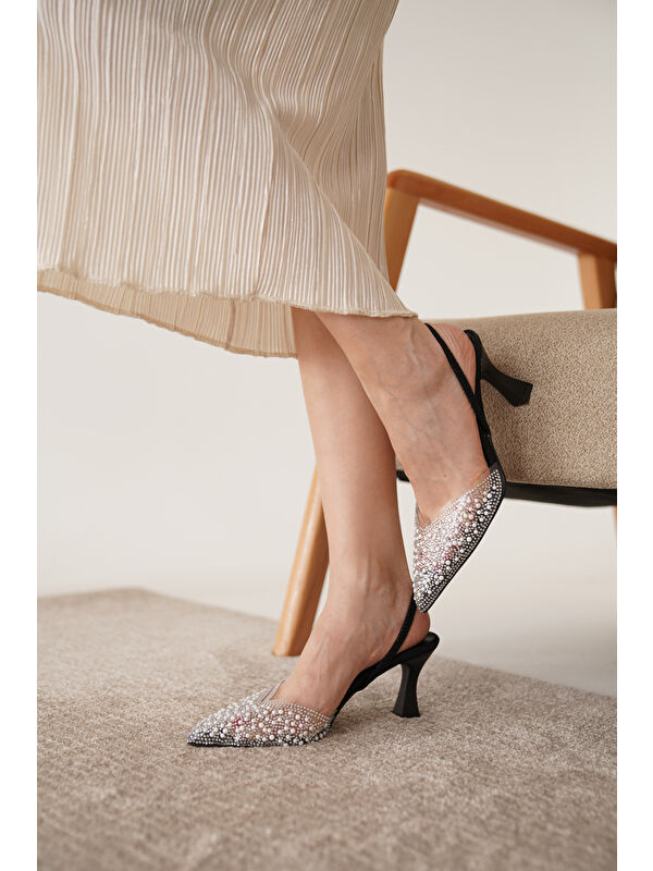 İncili Kadın Stiletto Taşlı Sivri Burun Arkası Açık Abiye Topuklu Ayakkabı - Görsel 6