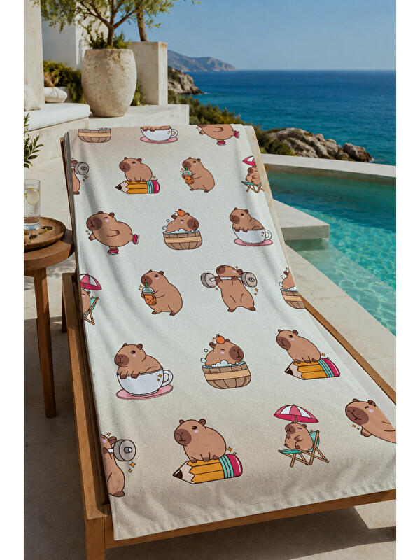Milbay Grup Bej Zemin Sevimli Tatlı ve İçecek Karakterleri 70x150 cm Dijital Baskılı Plaj ve Banyo Havlusu
