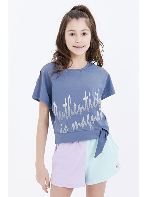 Tommylife Petrol Oversize Yazı Baskılı Beli Bağlama Detaylı O Yaka