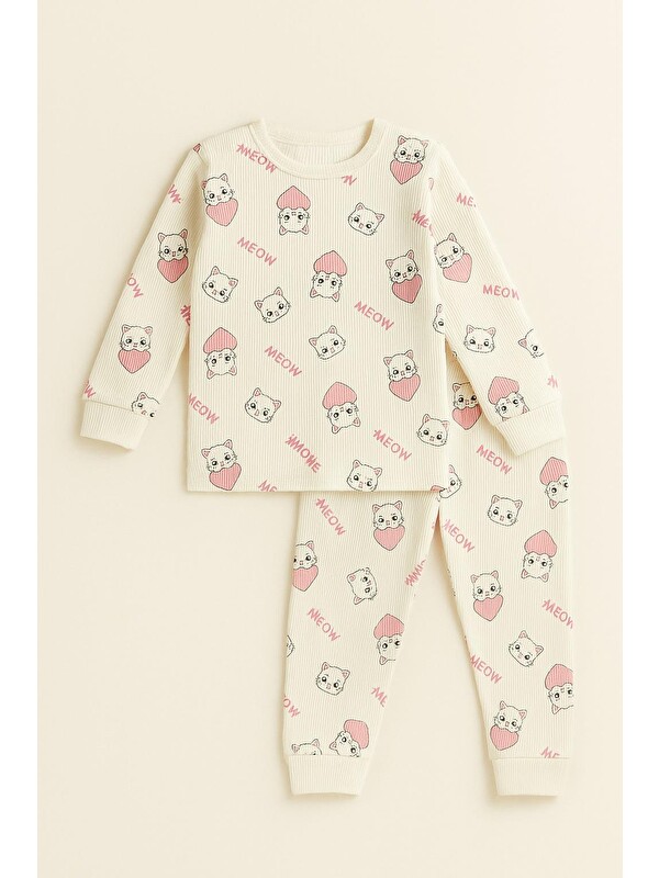 Katia And Bony Kız Çocuk Kalpli Kedi Desenli Pijama Takımı