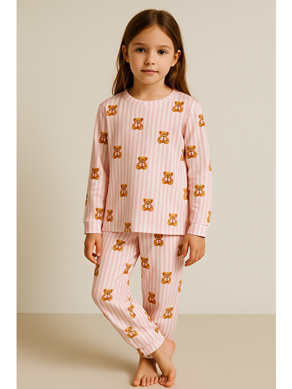 Katia And Bony Kız Çocuk Teddy Desenli Pijama Takımı Pembe
