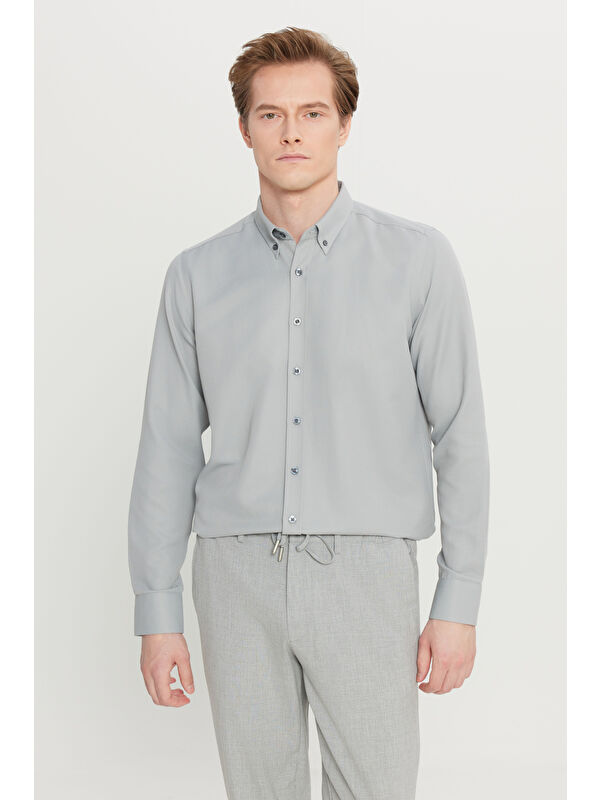Altınyıldız Classics Erkek Gri Pamuklu Tailored Slim Fit Dar Kesim Düğmeli Yaka Armürlü Gömlek