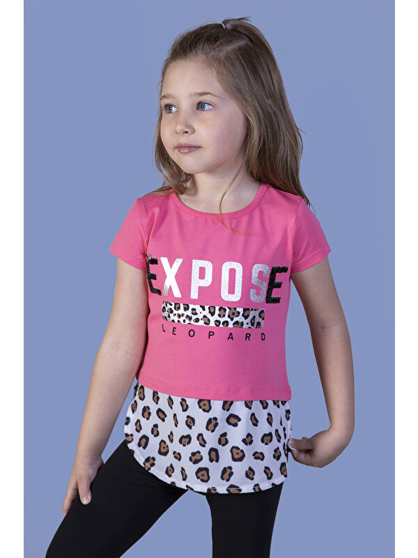 Toontoykids Kız Çocuk Leopar Desenli Poplin Detaylı Tişört
