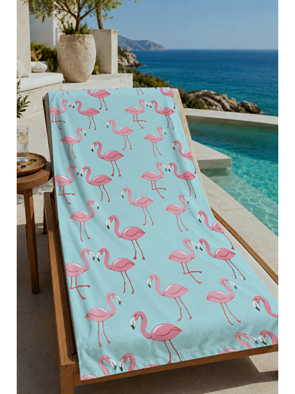 Milbay Grup Açık Mavi Pembe Flamingo Desenli 70x150 cm Dijital Baskılı Plaj ve Banyo Havlusu