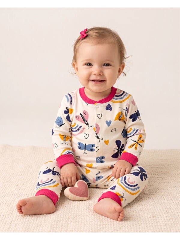 Ege Bebek Kız Bebek %100 Pamuklu 1-2-3 Yaş Baskılı Çıtçıtlı Alt Üst Pijama Takımı