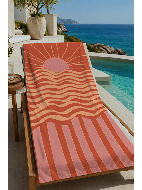 Milbay Grup Kiremit Pembe Retro Batımı ve Dalga Çizgili 70x150 cm Dijital Baskılı Plaj ve Banyo Havlusu