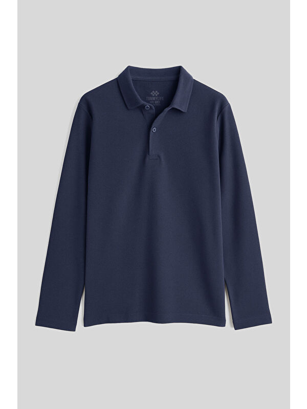 Tommylife Lacivert Polo Yaka Basic Uzun Kollu Erkek Çocuk T-Shirt - 11170