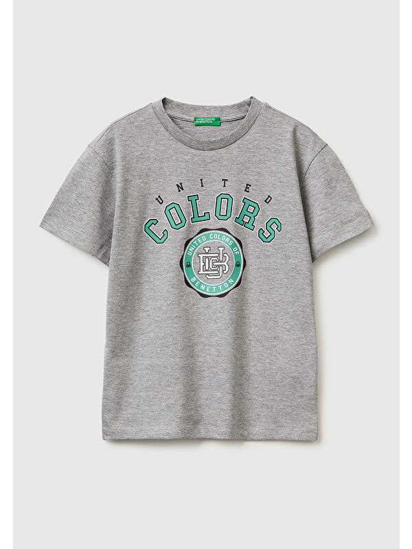 United Colors Of Benetton Erkek Çocuk Gri melanj Önü Logo Baskılı Bisiklet Yaka T-Shirt