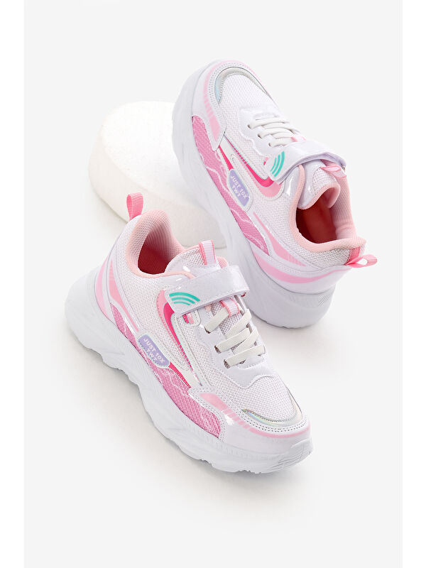 TONNY BLACK Çocuk Unisex Beyaz Pembe EVA Faylon Taban Desenli Cırtlı Lastik Bağcıklı Spor Ayakkabı